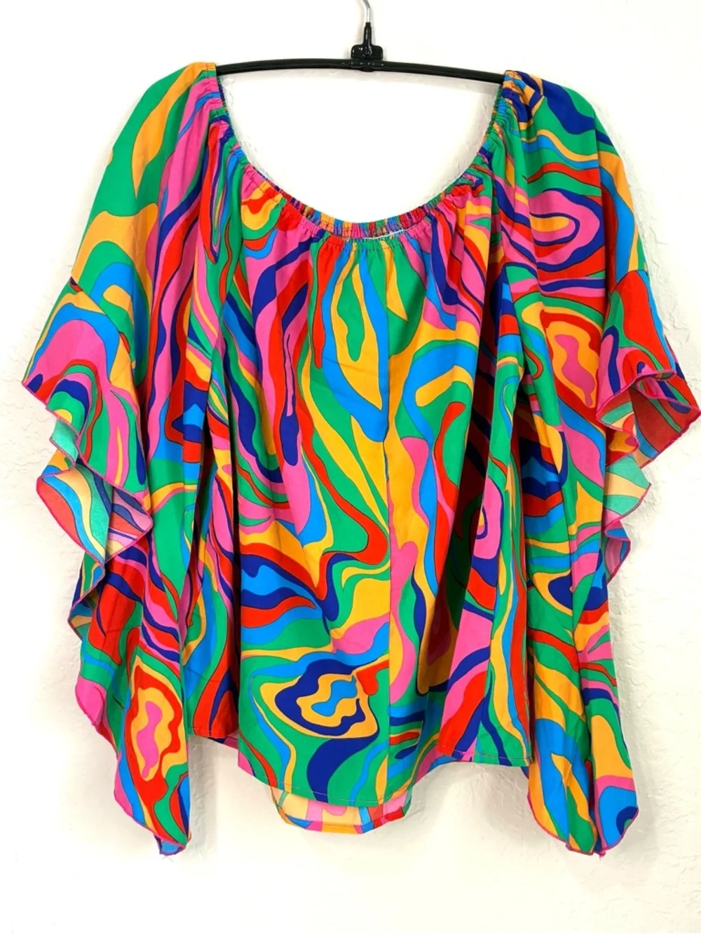 Colorful Festival Blouse Womens Large Butterfly Sleeve Pullover Flowy Artsy - Picture 3 of 9